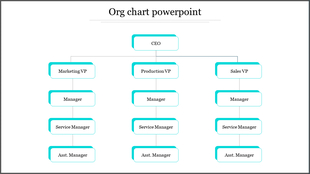 Organizational chart slide showing the CEO, VP roles, Managers, and Service Managers in a hierarchical structure.