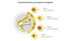 Communication PowerPoint template with a central megaphone icon and four options connected in a circular flow.