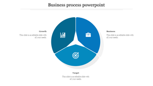 Business process infographic with a pie chart featuring a growth chart, briefcase, and target icons, with label on each side.