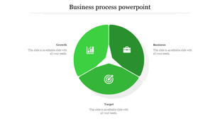 Business process slide shows a green circular diagram with three sections growth, business, and target, each with icons.