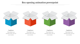Four open boxes in blue, red, green, and purple, arranged in a row with captions below each.
