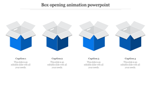 Slide featuring an animated design of blue boxes opening with captions below each box.