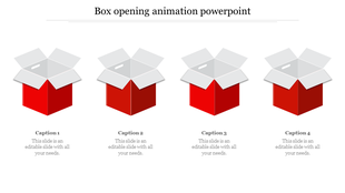 PowerPoint slide showing four boxes in different stages of opening, with red and gray colors, each with a caption.