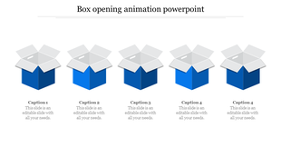 Five open blue boxes in a row, each with a gray lid tilted outward, representing a box opening animation. 