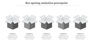 Five gray boxes with white tops, symbolizing a box opening animation, each with a label below.