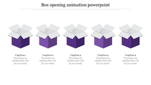 PowerPoint slide showing five boxes in different stages of opening, with purple and gray colors and captions below each.