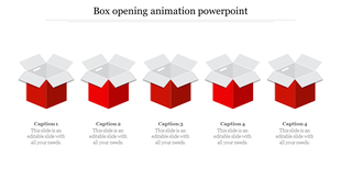 Five step box opening animation with red boxes and gray lids, each paired with a caption, displayed in a horizontal layout.