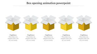 Illustration of five yellow boxes with open lids, arranged in sequence, with caption areas beneath each.
