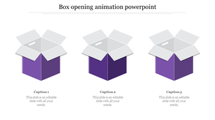 A slide featuring three animated purple boxes in various stages of opening, with placeholders for captions below each box.