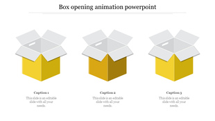 Illustration of three yellow boxes with open white lids placed side by side, each featuring captions underneath.