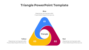 Triangle PowerPoint template featuring three sections Blue, Yellow, and Red, with content areas.