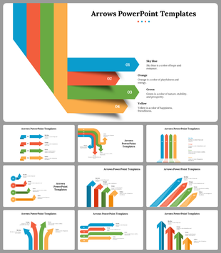 PPT slides with dynamic arrow designs in multiple colors, each symbolizing different meanings, like hope, energy, and nature.