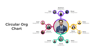 A circular organizational chart slide showcasing a CEO in the center with team members arranged around.