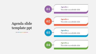 Four numbered agenda sections in purple, red, blue, and green, with text boxes to the right, aligned vertically.