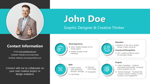 Portfolio slide with teal header featuring name, title, and circular profile photo, and contact details on dark sidebar.