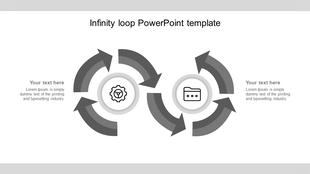 Gray infinity loop formed of arrows with two icons in the center, and text positioned on the left and right.