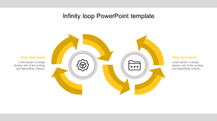 slide featuring an infinity loop with yellow arrows and two icons within circular sections and captions on both sides.