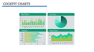PPT slide displaying various charts including bar charts, pie charts, calendars, and Gantt charts for project tracking.