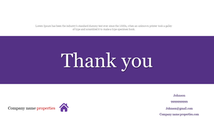 Thank you slide with a bold purple banner in the center, company name and contact details at the bottom, and a house icon.