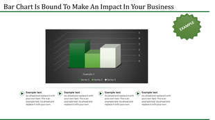 Slide featuring a 3D bar graph with three series on dark backdrop, a green star shaped badge, and text boxes below.