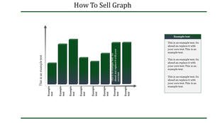 3D bar graph with six green bars of varying heights, labeled placeholders, and a gray sidebar with text blocks.