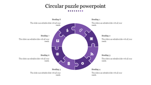 Purple circular puzzle PPT template with eight sections, each labeled with headings and icons representing various concepts.