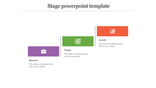 Stage diagram with purple, green, and orange blocks in an ascending layout, labeled business, target, and growth.
