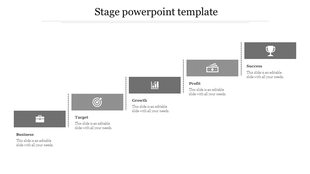 Five step stage diagram in grayscale with rectangular blocks arranged in an ascending layout, labeled business to success.