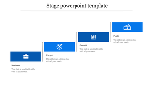 Stair step infographic with blue blocks representing business stages, arranged in a rising sequence with icons.