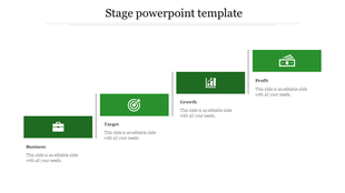 Stage PowerPoint template with four sections from business, target, growth, and profit, each with relevant green icons.