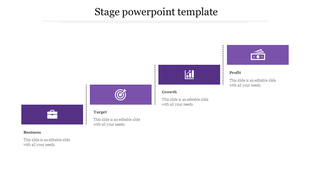 Four purple rectangular blocks arranged horizontally with icons, separated by dotted lines, and labeled captions.