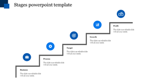 Staircase themed slide with five blue icons and gray steps, featuring a minimalist design for presentations.