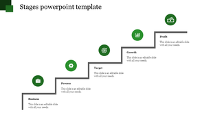 Stages PPT slide with steps labeled from business to profit, each with a corresponding green icon and placeholder text.