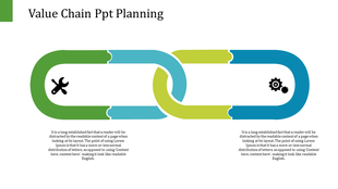 Two colorful chain links connected, representing value chain planning with icons along with placeholder text.