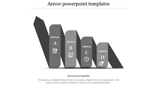Four step gray arrow infographic each marked with a white business icon, positioned on a black 3D arrow base. 