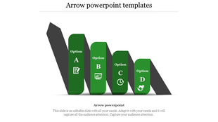 PowerPoint slide showing four options arranged in an arrow shaped design, with green icons with placeholder text.