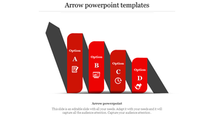 Red arrow infographic with options A to D, each marked with a white business icon, positioned on a black 3D arrow base.