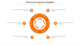 Orange circular layout with six sections, each labeled with an option and connected by dotted lines.