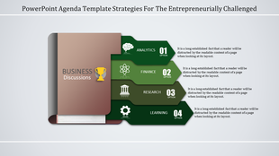 Business agenda slide with icons and green tabs for analytics, finance, research, and learning, aligned next to a notebook.