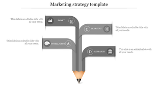 Gray funnel design with four sections labeled with different topics, connected to a pencil icon.