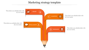 Marketing strategy PPT slide showing four options from Smart to Research, each with icons and orange pencil shaped flow.