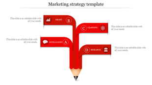 Red ribbon infographic branching from a pencil tip, showing four steps with icons, each linked to placeholders text areas. 