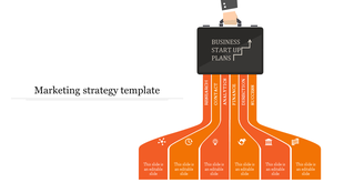 Marketing strategy slide featuring a black briefcase at the top, with six orange curved pathways below, labeled with steps.