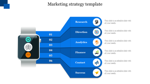 Smartwatch infographic with six blue steps labeled with business concepts, each connected to side text placeholders.