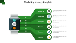 Green segmented layout with six sections, each containing circular icon and a title, alongside a smartwatch illustration.