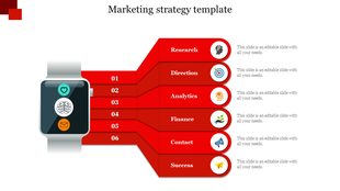 Red funnel like layout with six icons and labels for marketing strategy steps, featuring a smartwatch on the left.