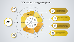 Problem solving diagram featuring a head outline, sticky note, and four orange arrows with icons and placeholder text areas.
