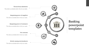 Banking PowerPoint slide featuring a central bank icon with connected factors and icons with placeholder text.