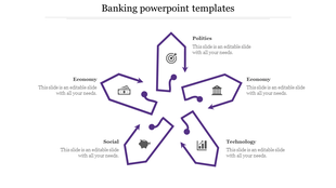 Banking template featuring interconnected pentagonal shapes with arrows, icons, and labels for different sectors.
