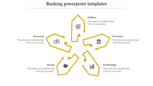 Yellow star shaped layout with five segments, each with an icon and a title for different topics.